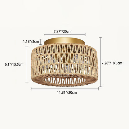 Contemporary Boho Rattan Weaving Cage 3-light Semi-flush Mount Ceiling Light for Living Room
