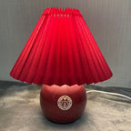 Traditional Chinese Red Pleated Fabric Lampshade Ceramic Base 1-Light Table Lamp For Bedroom Lumendat