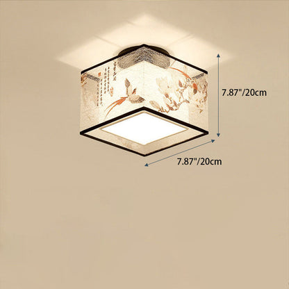 Traditional Chinese Square Iron Fabric 1-light Semi-flush Mount Ceiling Light for Hallway
