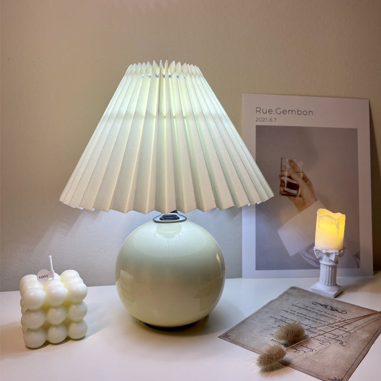 Modern Minimalist Round Fabric Pleated Ceramic 1-Light Table Lamp For Bedroom Lumendat