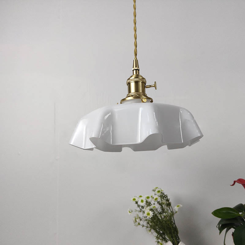 Traditional Japanese Cream Petal Glass Iron 1-Light Pendant Light For Dining Room