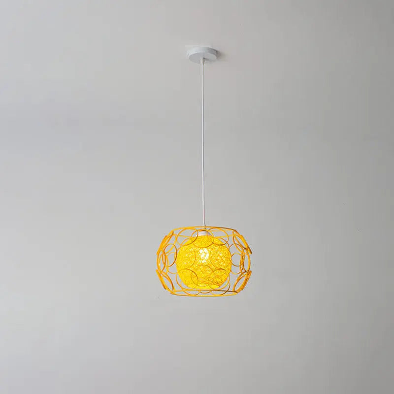 Modern Minimalist Weaving Hemp Ball Iron Drum 1-light Pendant Light for Living Room BulbSquare