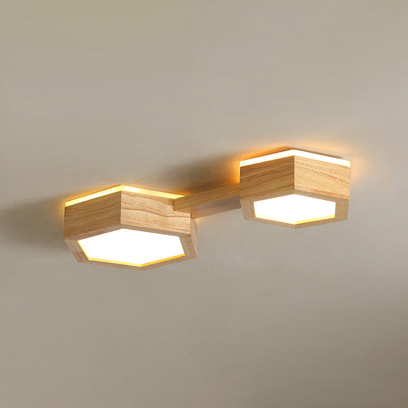 Traditional Japanese Hexagon Wood Acrylic LED Flush Mount Ceiling Light for Living Room