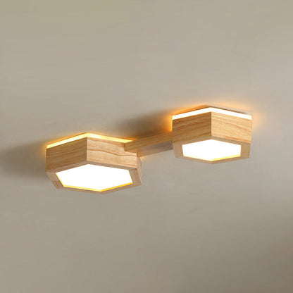 Traditional Japanese Hexagon Wood Acrylic LED Flush Mount Ceiling Light for Living Room
