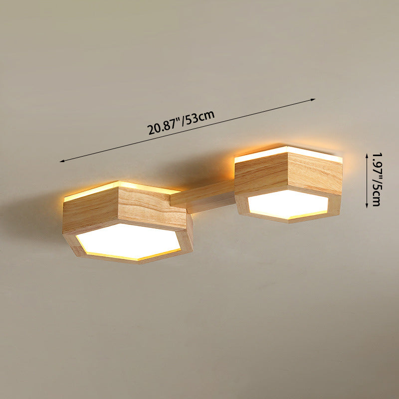Traditional Japanese Hexagon Wood Acrylic LED Flush Mount Ceiling Light for Living Room