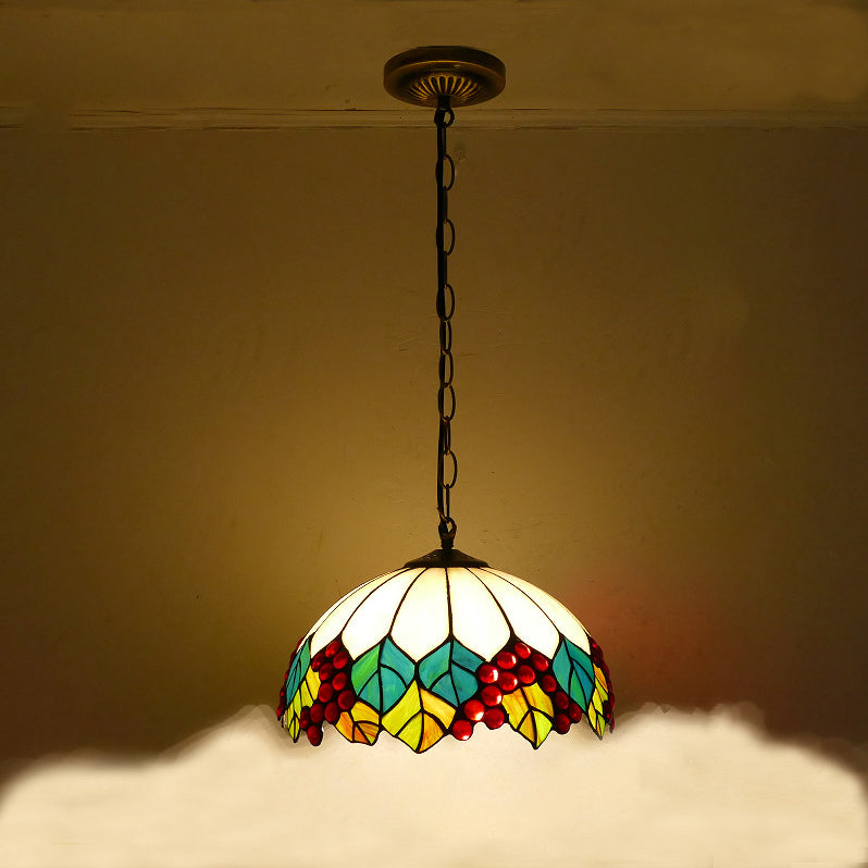Traditional Tiffany Round Dome Iron Glass 1-light Pendant Light for Living Room