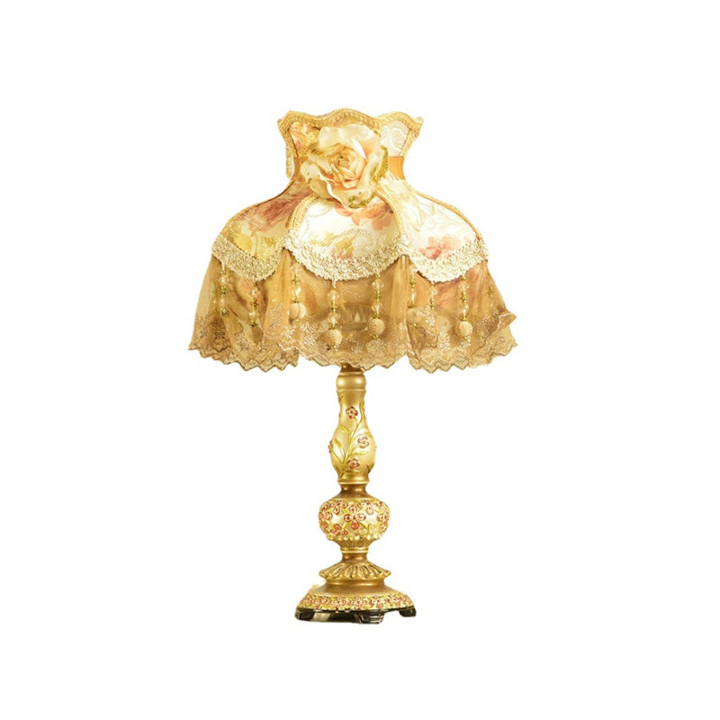 Contemporary Scandinavian Sculpted Floral Resin Iron Metal Fabric 1-Light Table Lamp For Bedroom Lumendat