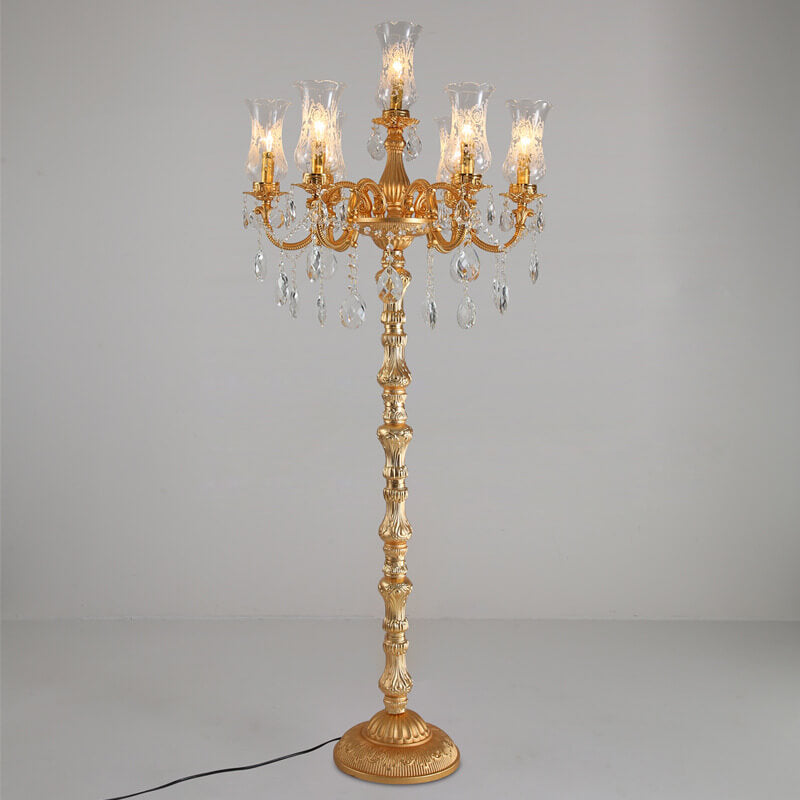 Traditional Luxury Golden Crystal Zinc Alloy Candle Holder 7-Light Standing Floor Lamp For Bedroom Lumendat