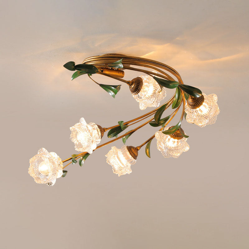 Traditional French Floral Iron Glass 6-light Flush Mount Ceiling Light for Living Room