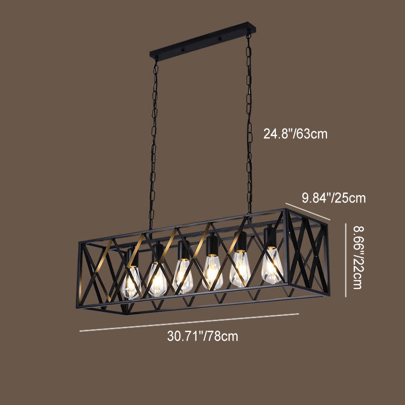 Traditional Farmhouse Rectangular Geometric Iron Cage 4/6 Light Island Light Chandelier for Dining Room