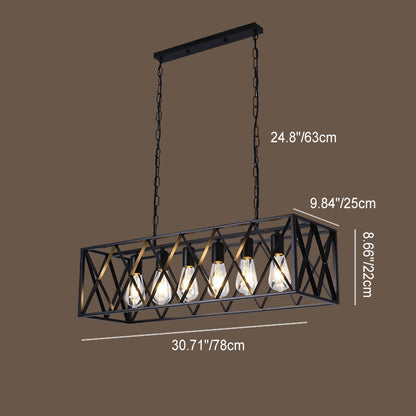 Traditional Farmhouse Rectangular Geometric Iron Cage 4/6 Light Island Light Chandelier for Dining Room