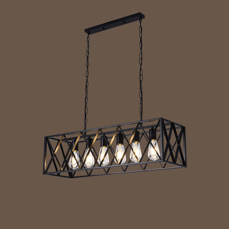 Traditional Farmhouse Rectangular Geometric Iron Cage 4/6 Light Island Light Chandelier for Dining Room