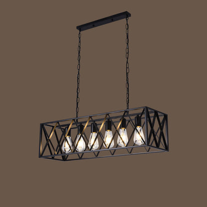 Traditional Farmhouse Rectangular Geometric Iron Cage 4/6 Light Island Light Chandelier for Dining Room