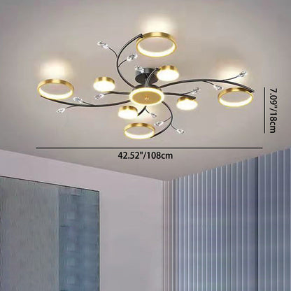 Modern Luxury Branch Round Metal Iron Acrylic Crystal Silicone LED Semi-flush Mount Ceiling Light for Living Room