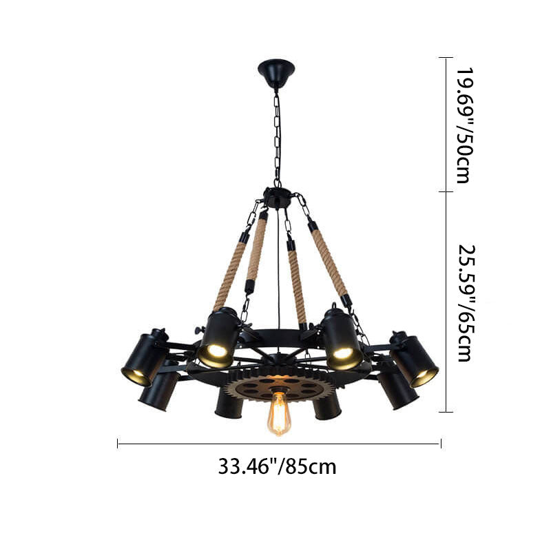 Contemporary Industrial Retro Gear Wrought Ion Hemp Rope 7/9/11-Light Chandelier For Living Room Lumendat