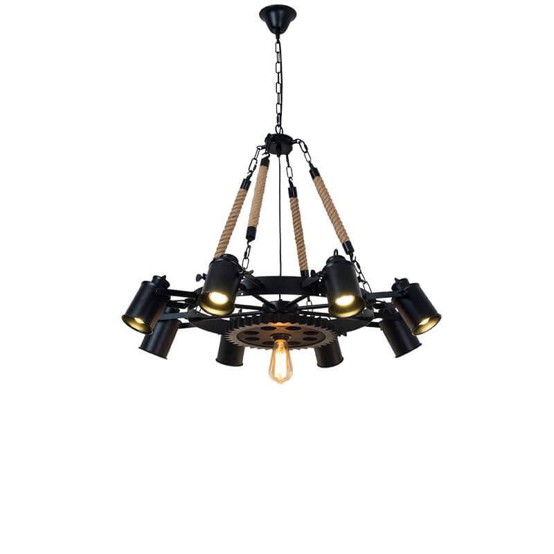 Contemporary Industrial Retro Gear Wrought Ion Hemp Rope 7/9/11-Light Chandelier For Living Room Lumendat