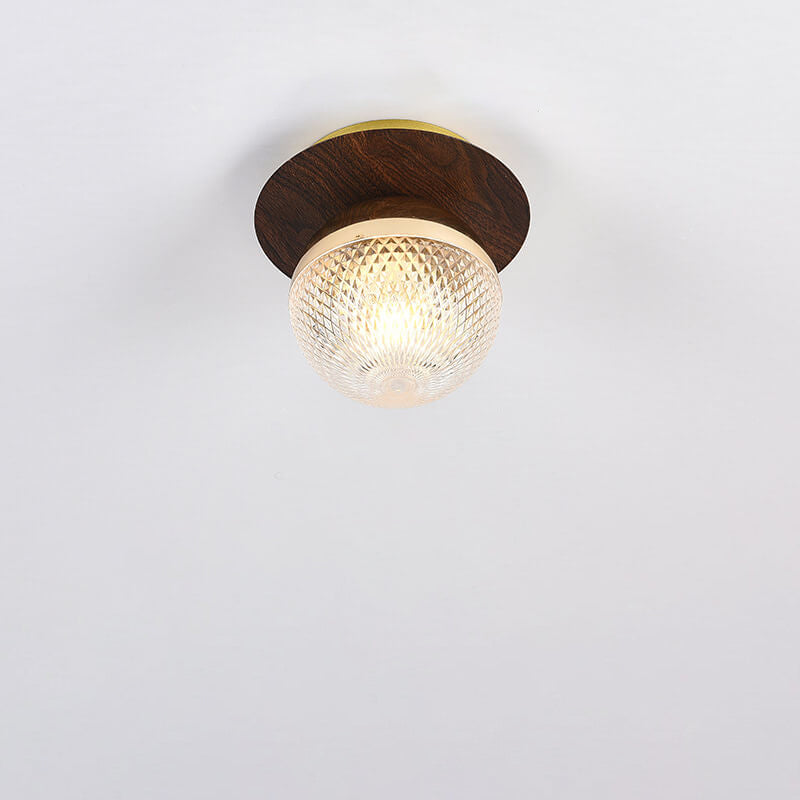 Japanese Minimalist Glass Iron Woodgrain 1-light Semi-flush Mount Ceiling Light