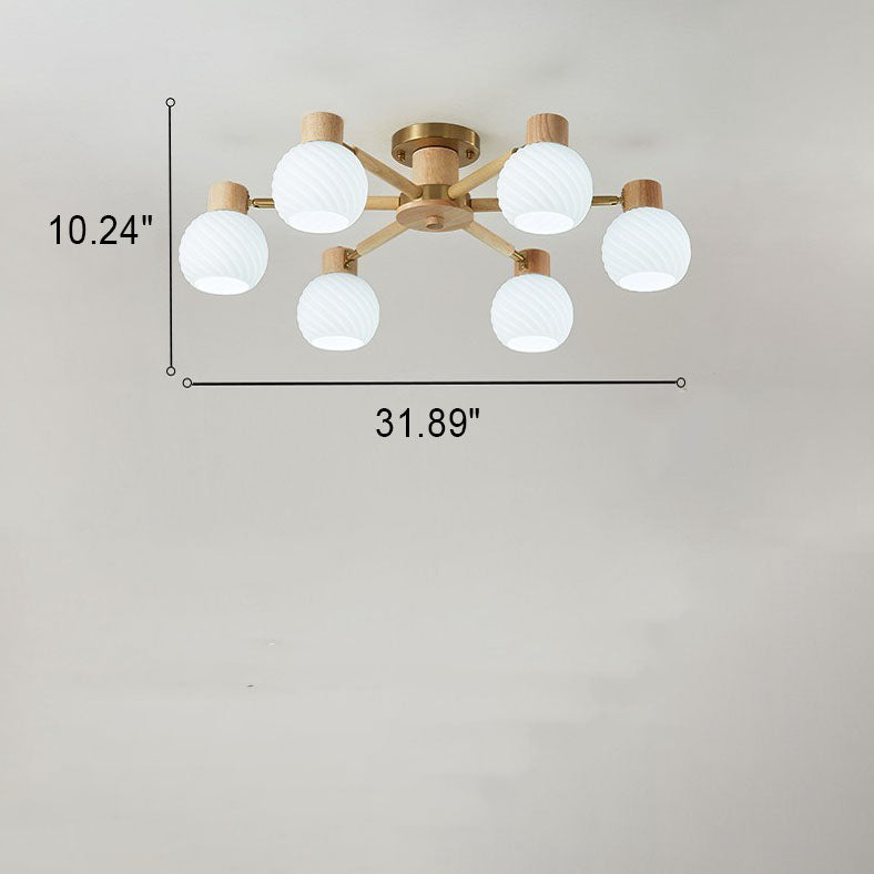 Traditional Japanese Wabi-sabi Rubberwood Hardware Glass 3/6/8-Light Flush Mount Lighting For Living Room Lumendat