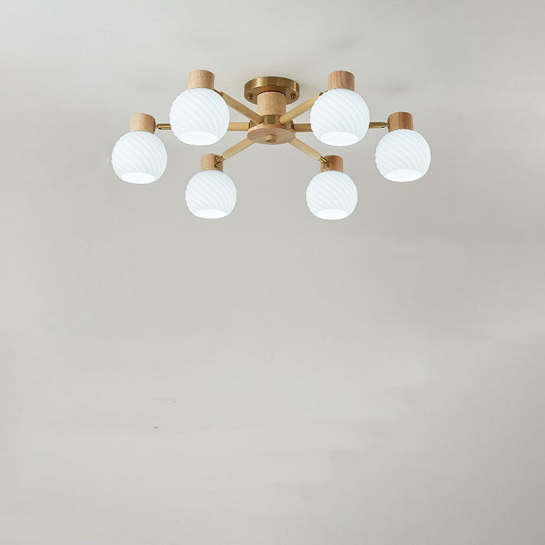 Traditional Japanese Wabi-sabi Rubberwood Hardware Glass 3/6/8-Light Flush Mount Lighting For Living Room Lumendat