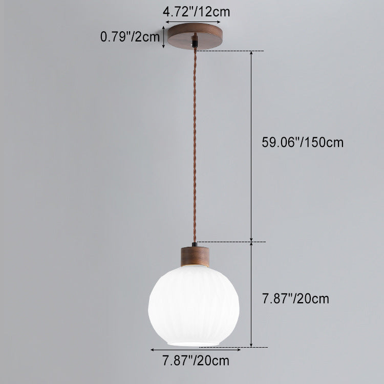 Traditional Japanese Walnut Glass Ball Round Bottle Ribbed 1-light Pendant Light for Dining Room