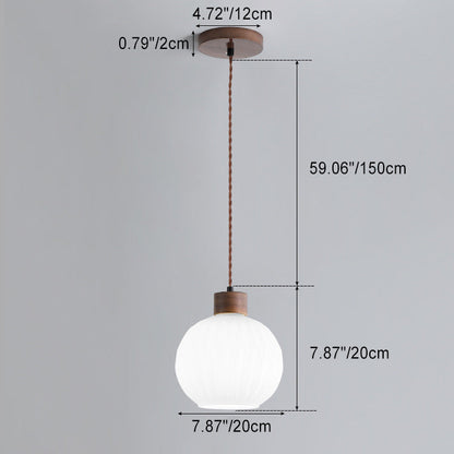 Traditional Japanese Walnut Glass Ball Round Bottle Ribbed 1-light Pendant Light for Dining Room