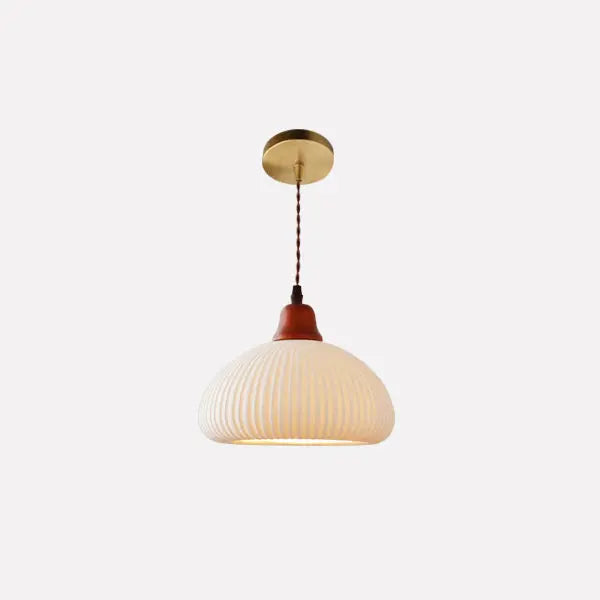 Japanese Vintage Pleated Ceramic Round Dome Wood 1-light Pendant Light Lumendat