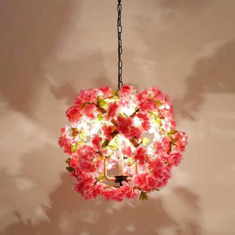 Industrial Vintage Simulation of Greenery Cherry Blossoms Iron Hemp Rope 3-light Chandelier Lumendat