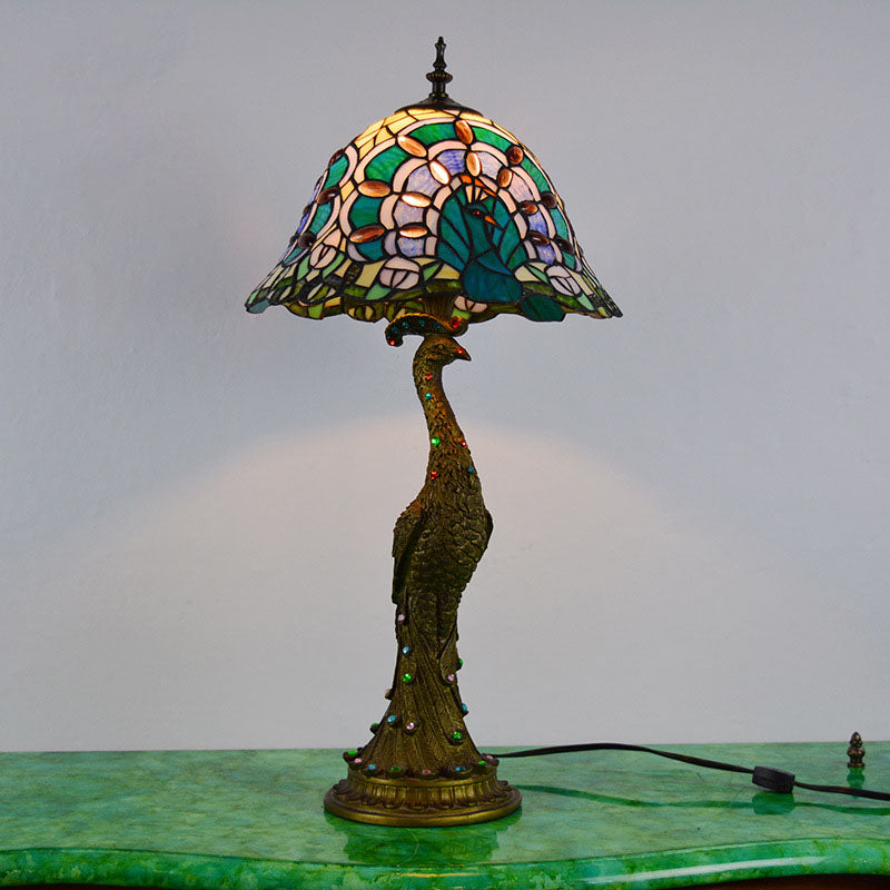 Vintage Tiffany Peacock Gem Dome Glass Resin 1-Light Table Lamp Lumendat