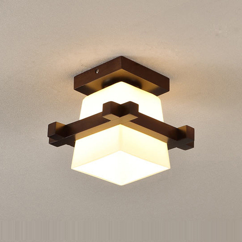 Traditional Japanese Wood Frame Glass Column 1-light Semi-flush Mount Ceiling Light for Living Room