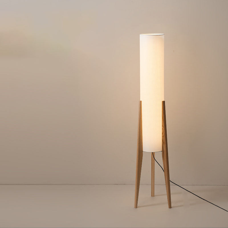 Traditional Chinese Fabric Cylinder Shade Wood Tripod 1-Light Standing Floor Lamp For Study Lumendat