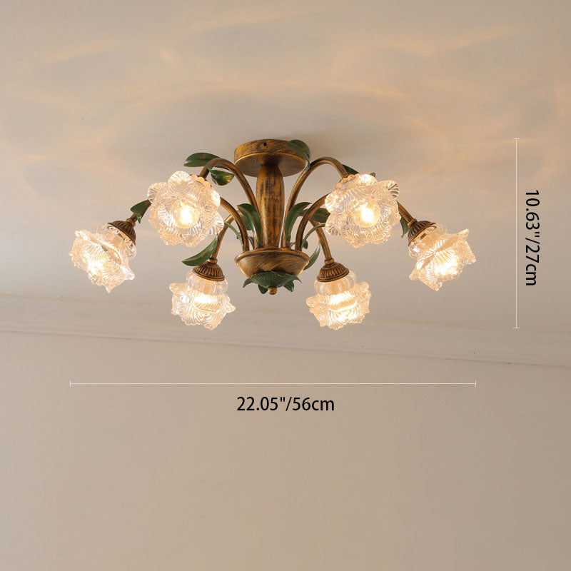 Traditional Rustic Floral Iron Glass 6/8/10 Light Semi-Flush Mount Ceiling Light For Living Room Lumendat