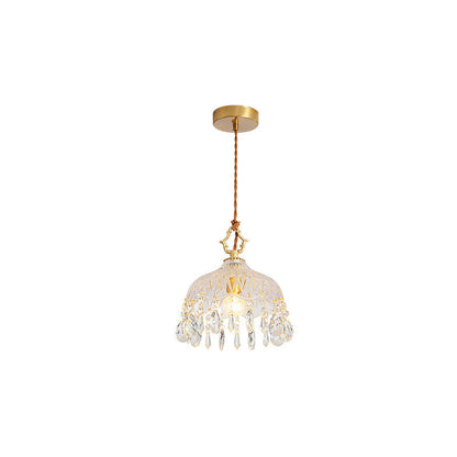 Modern Art Deco Brass Checkered Glass Shade Crystal Beads 1-light Pendant Light for Living Room