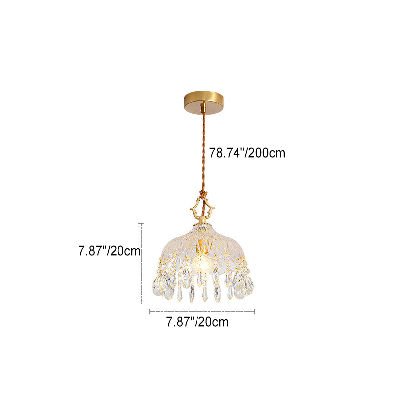Modern Art Deco Brass Checkered Glass Shade Crystal Beads 1-light Pendant Light for Living Room