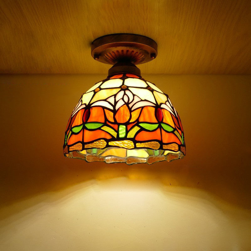 Traditional Tiffany Tulip Stained Glass Iron Dome 1-light Semi-flush Mount Ceiling Light for Living Room