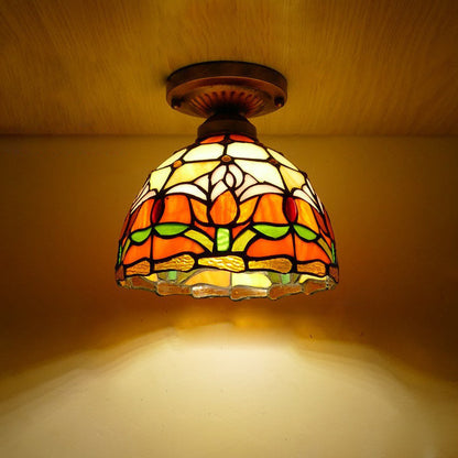 Traditional Tiffany Tulip Stained Glass Iron Dome 1-light Semi-flush Mount Ceiling Light for Living Room