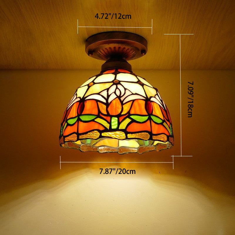 Traditional Tiffany Tulip Stained Glass Iron Dome 1-light Semi-flush Mount Ceiling Light for Living Room
