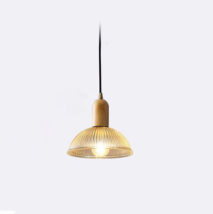 Traditional Vintage Round Bowl Solid Wood Dome Glass 1-light Pendant Light for Living Room