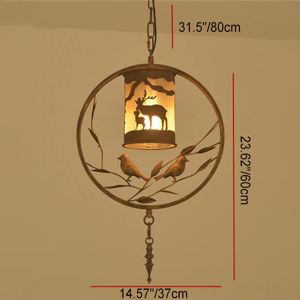Traditional Vintage Round Trapezoidal Animal Iron 1-light Pendant Light for Living Room BulbSquare