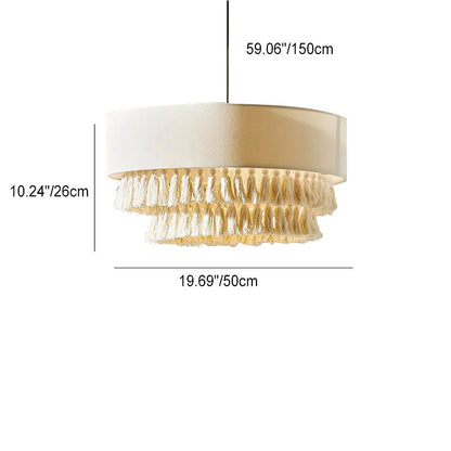 Contemporary Boho Fabric Cylinder Shade Tassel Braided Rope 3-light Chandelier for Living Room