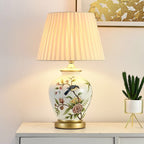 Traditional Chinese Ceramic Fabric Electroplated Antique Brass Finish Vase Cone 1-Light Table Lamp For Home Office Lumendat