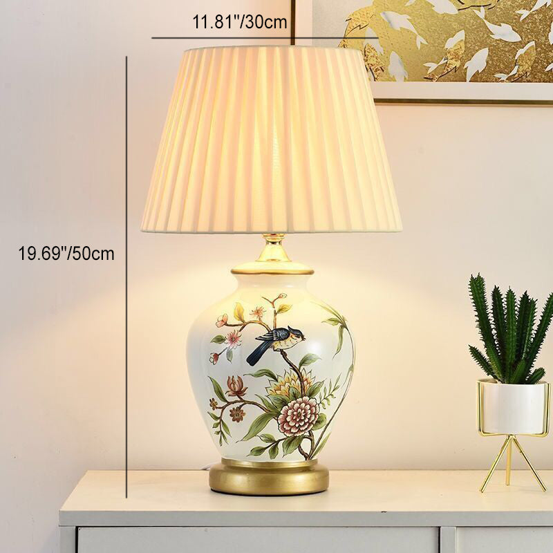 Traditional Chinese Ceramic Fabric Electroplated Antique Brass Finish Vase Cone 1-Light Table Lamp For Home Office Lumendat