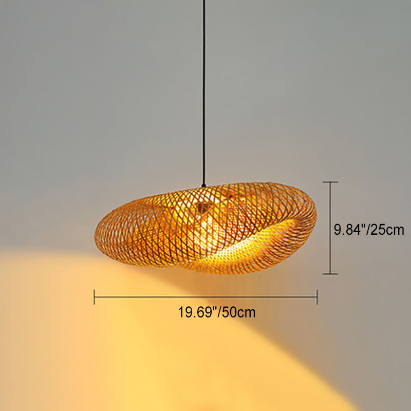 Traditional Japanese Straw Hat Bamboo Weaving Iron 1-light Pendant for Dining Room