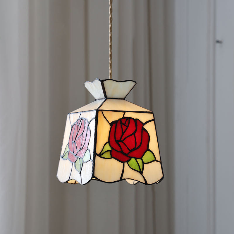 Traditional Tiffany Square Tulip Red Rose Rubik's Cube Brass Stained Glass 1-light Pendant Light for Living Room