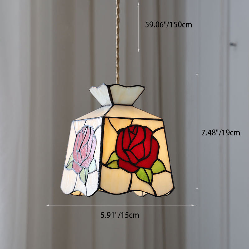 Traditional Tiffany Square Tulip Red Rose Rubik's Cube Brass Stained Glass 1-light Pendant Light for Living Room