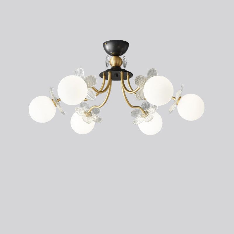 Contemporary Luxury Full Copper Petal Glass Shade 3/6/8-Light Semi-Flush Mount Ceiling Light For Living Room
