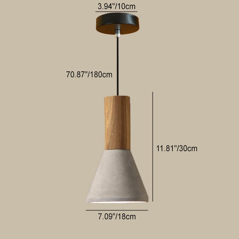 Contemporary Industrial Round Cone Triangle Cement Rubber Wood 1-light Pendant Light for Living Room BulbSquare