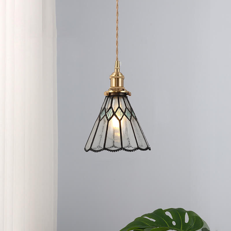 Japanese Vintage Brass Stained Glass Cone 1-light Pendant Light BulbSquare