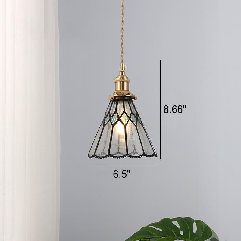 Japanese Vintage Brass Stained Glass Cone 1-light Pendant Light BulbSquare
