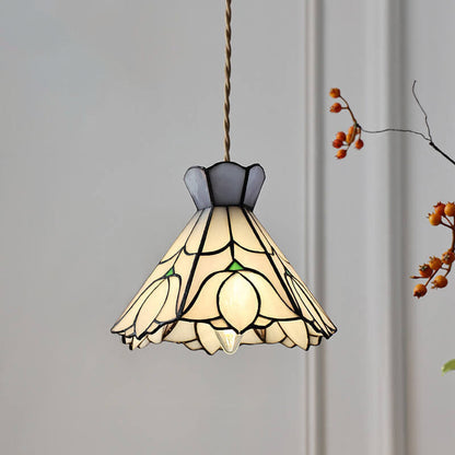 Vintage Tiffany Rose Flower Conical Stained Glass 1-Light Pendant Light