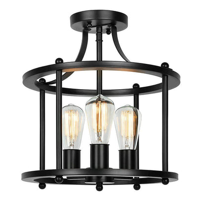 Industrial Vintage Round Drum 3-light Semi-flush Mount Ceiling Light